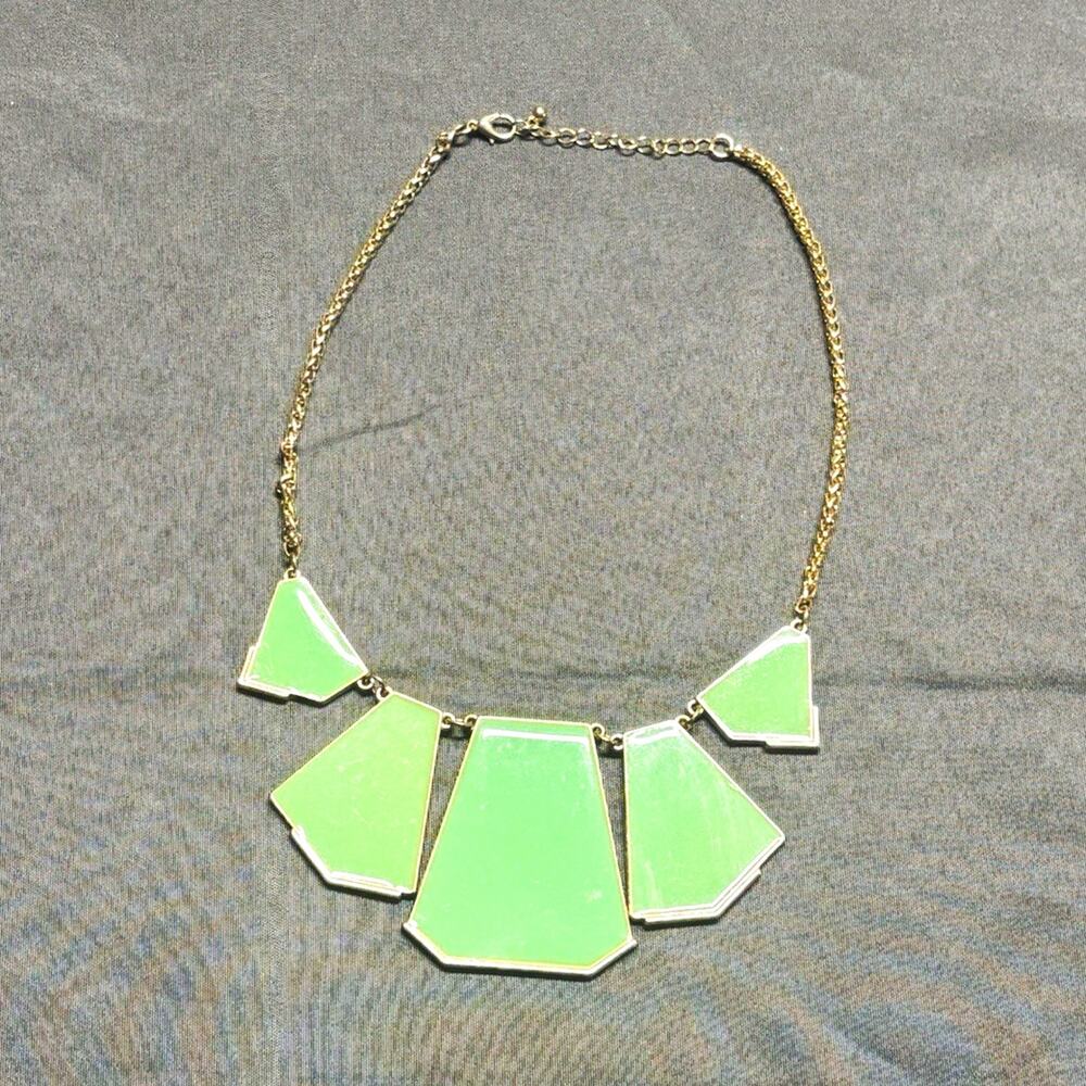Women’s Green Geometric Statement Necklace Gold Tone 18” Adjustable